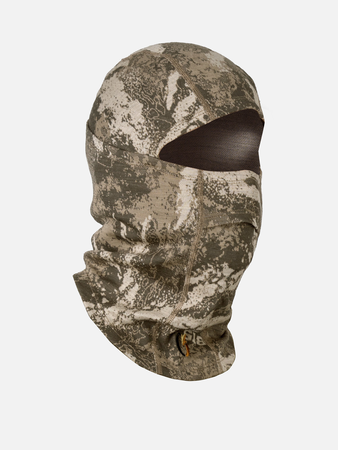 FareWinds BaseSystems240 Balaclava in camo, front view showing the open face panel and dark mesh breathing zone
