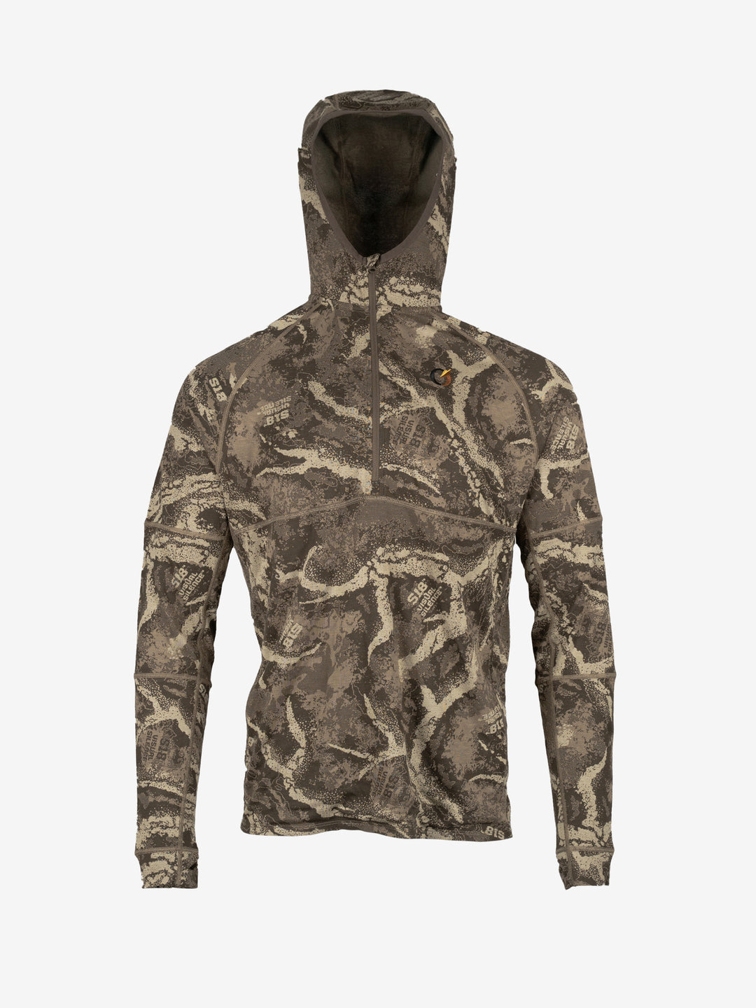UltiVent Bamboo Hoodie in S-18 Camo, front view with the hood up.