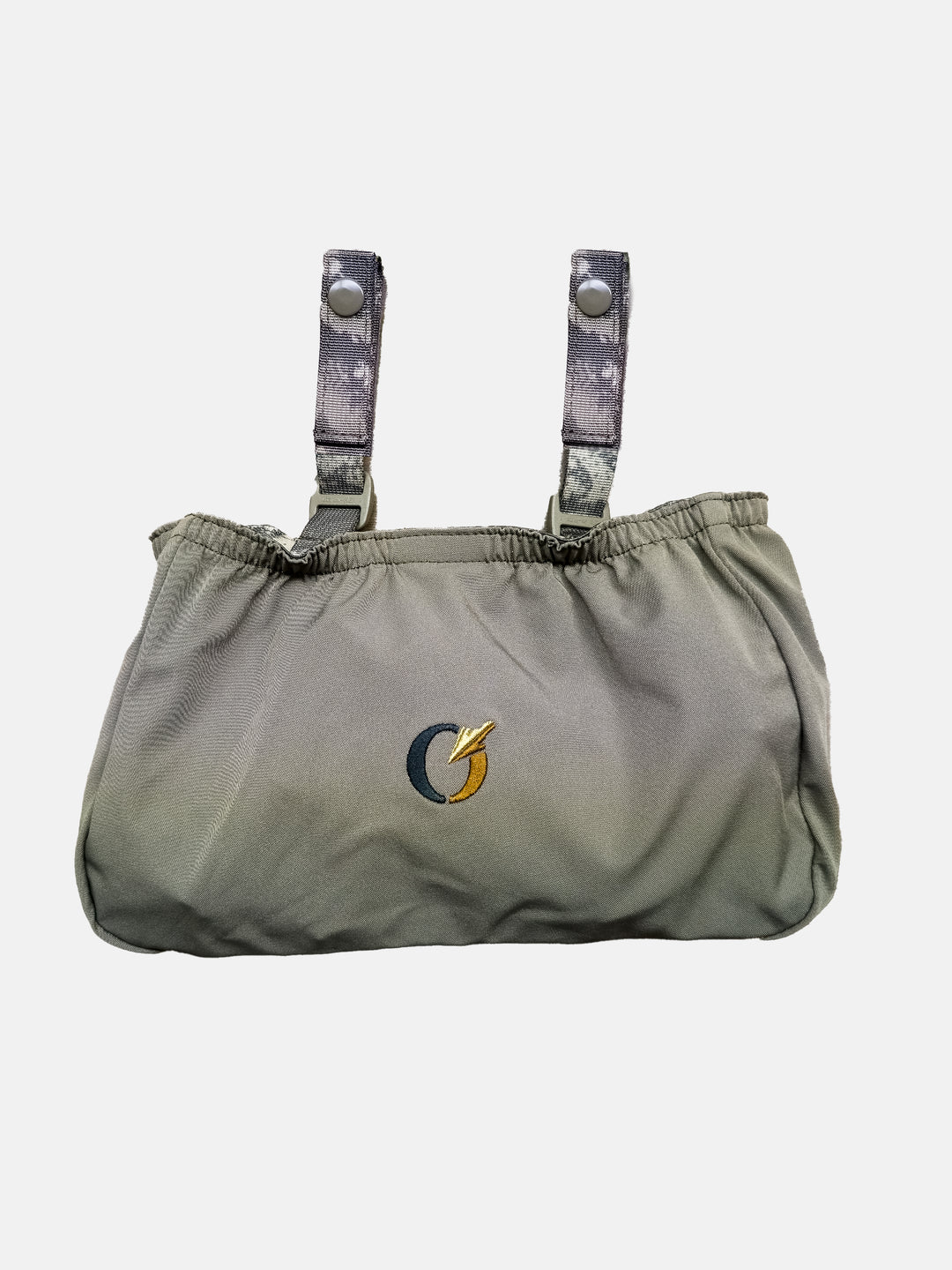 Code of Silence Gear Pouch in olive green with camo snap straps and an embroidered logo on the front