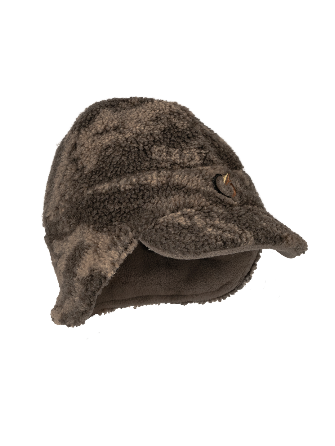 Code of Silence VTSsystems2 Cap in tonal camo, side view with the ear flaps down and the fleece lining visible