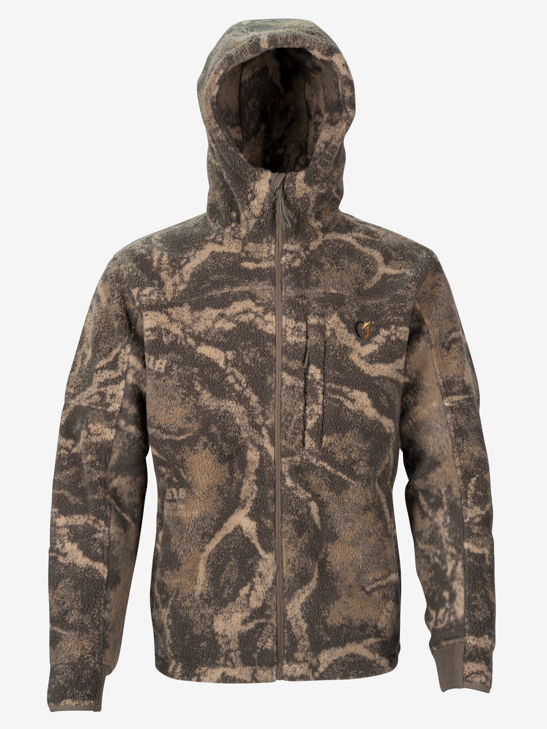 Zone7 Versa hooded jacket in S-18 Camo, front view with the hood up on a white background.