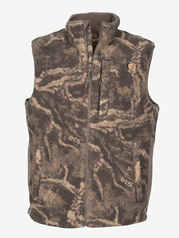 Zone7 Versa Vest, front view of the camo sherpa fleece with the full length zip and zippered chest pocket.