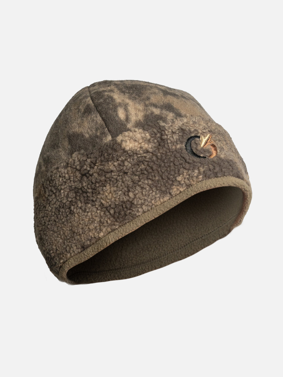 Zone7 Versa Cap 2.0 in S-18 Camo, three quarter view showing the fleece band and the Code of Silence logo.