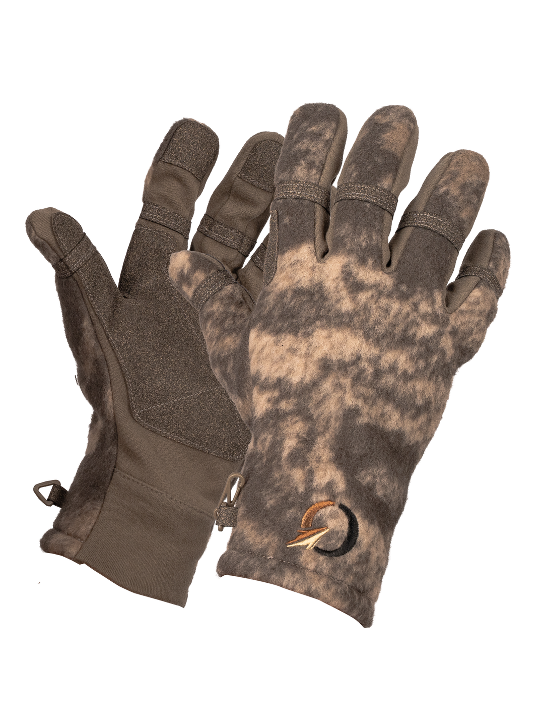 Pair of Verdigre Gloves 2.0 held up to show the suede palm on one glove and the camo Fleece-Wool back on the other.