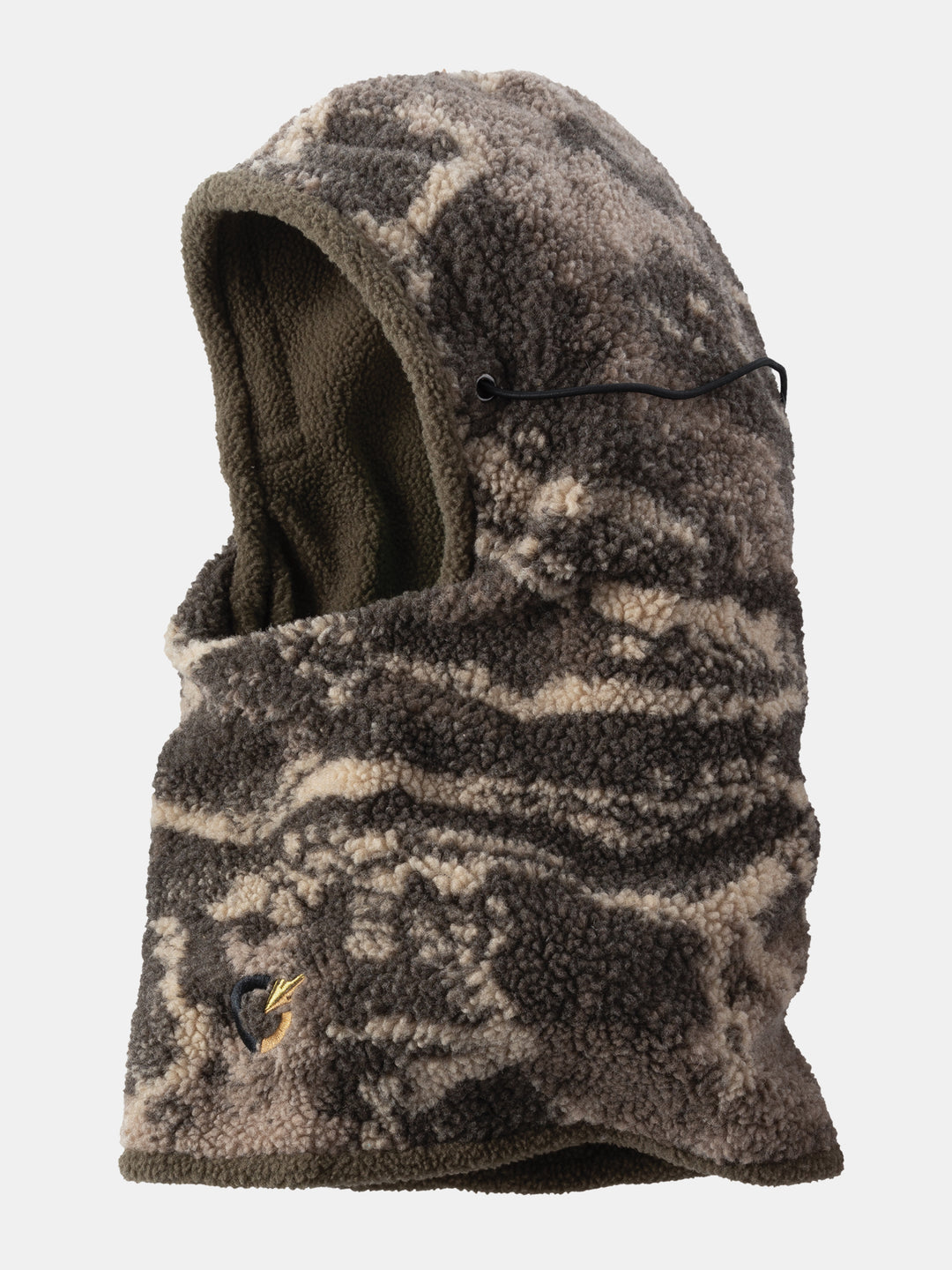 Coldfjall Balaclava in camo sherpa fleece, shown with the olive fleece face opening and elastic shock cord.