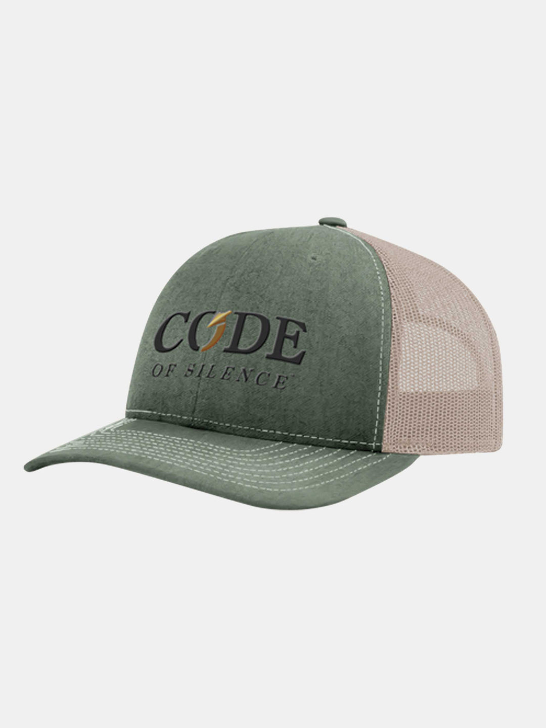 Code of Silence Dialed In Range Cap in faded green with a tan mesh back, angled front view showing the embroidered logo